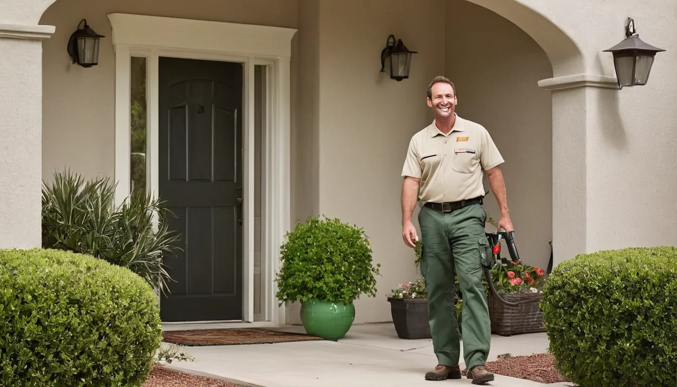 A friendly pest control provider talking with a homeowner at the front door of a stucco home in Antioch