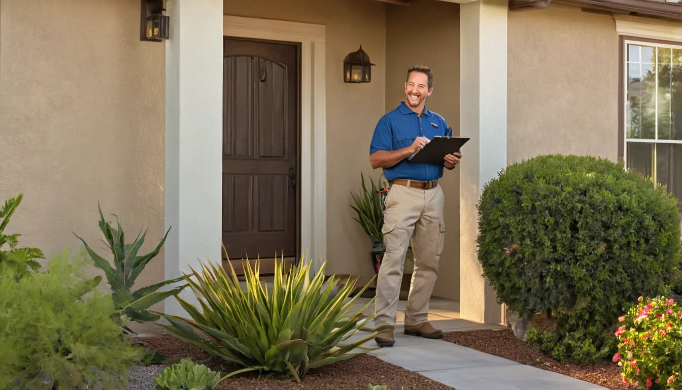 Friendly pest control provider talking with a homeowner at the front door of a stucco ranch home in Antioch